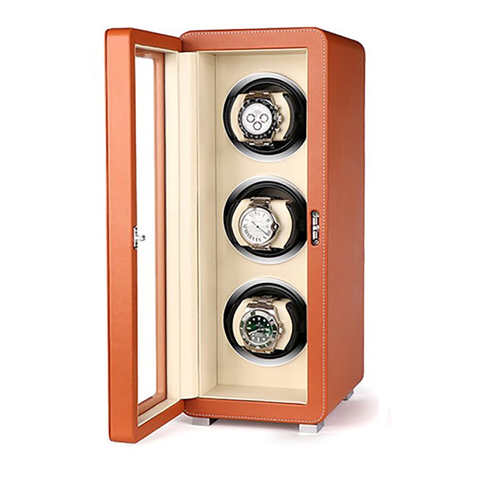 Dreifacher automatischer Uhrenbeweger für 3 Uhren, Gehäuse aus PU-Leder, selbstaufziehende mechanische Uhren, staubdichtes Gehäuse, drehbare Uhrenbewegerbox mit LCD-Touch，Orange