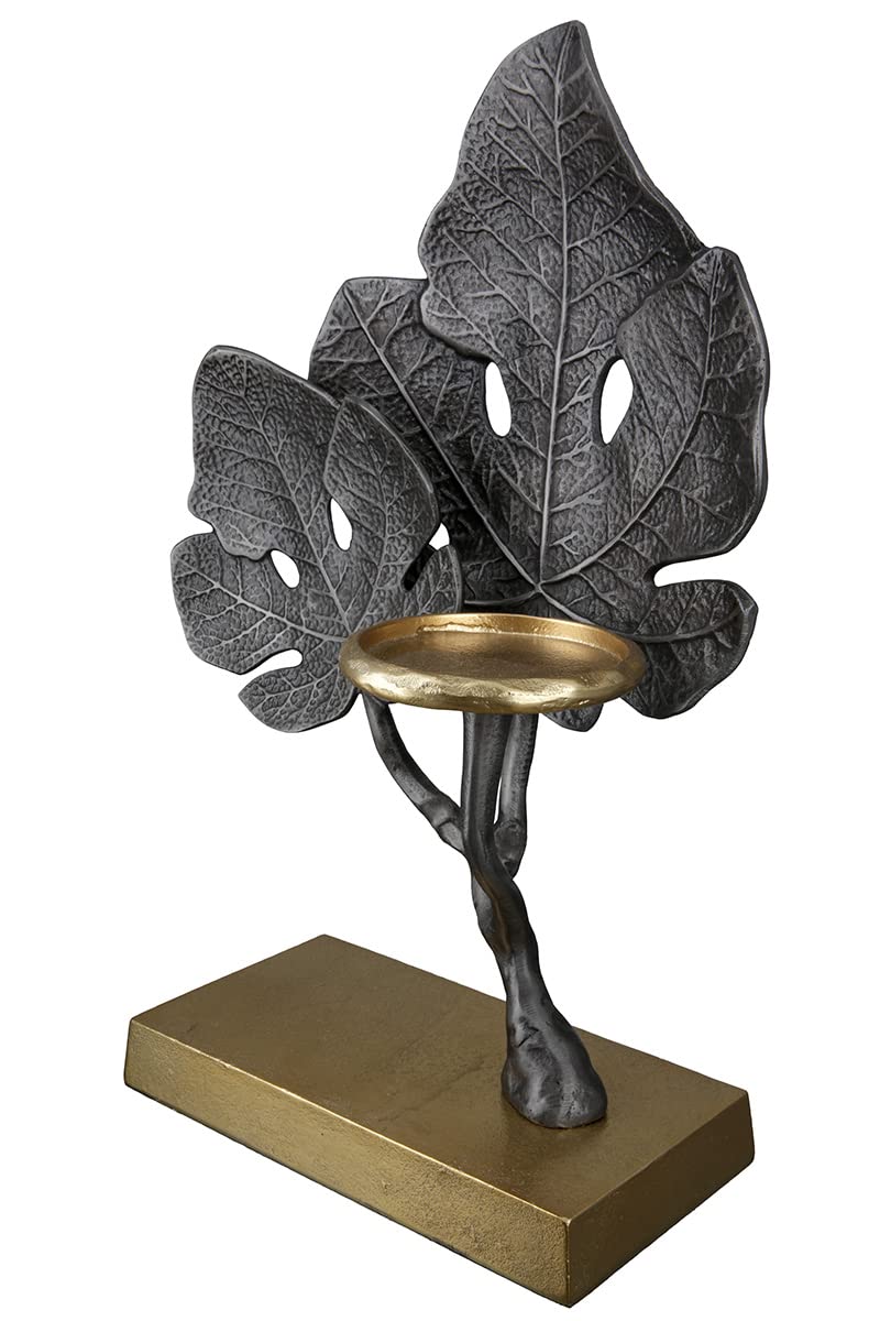 GILDE Świecznik typu tealight – 1 świecznik na podgrzewacze z aluminium – na świece lub podgrzewacze do Ø 8 cm – motyw liści – kolor srebrny złoty – wysokość 38 cm