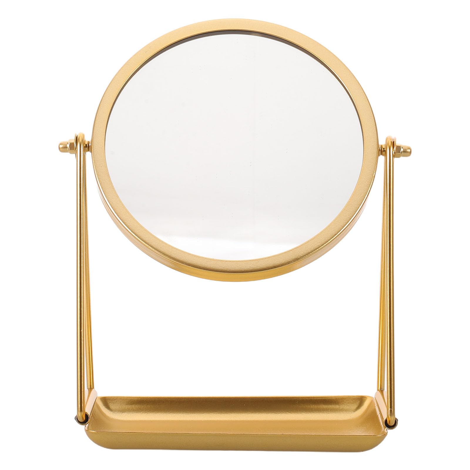 Espejo de maquillaje vintage redondo con acabado dorado elegante y bandeja de metal premium