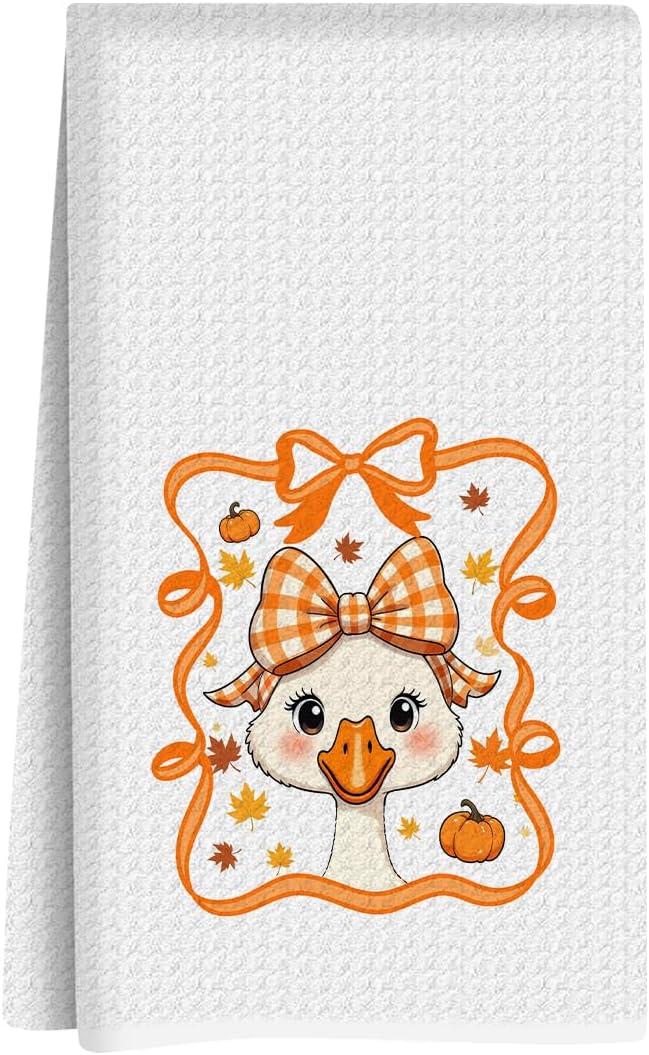 Fall Pumpkin Goose Bow Decor Kitchen Towel, Reusable Tea Towel, Dish Towels, Suitable for Bathroom, Cooking, Home, Kitchen, Sink, Tea Parties, Autumn Atmosphere Decoration, 13.8×23.6 Inches
