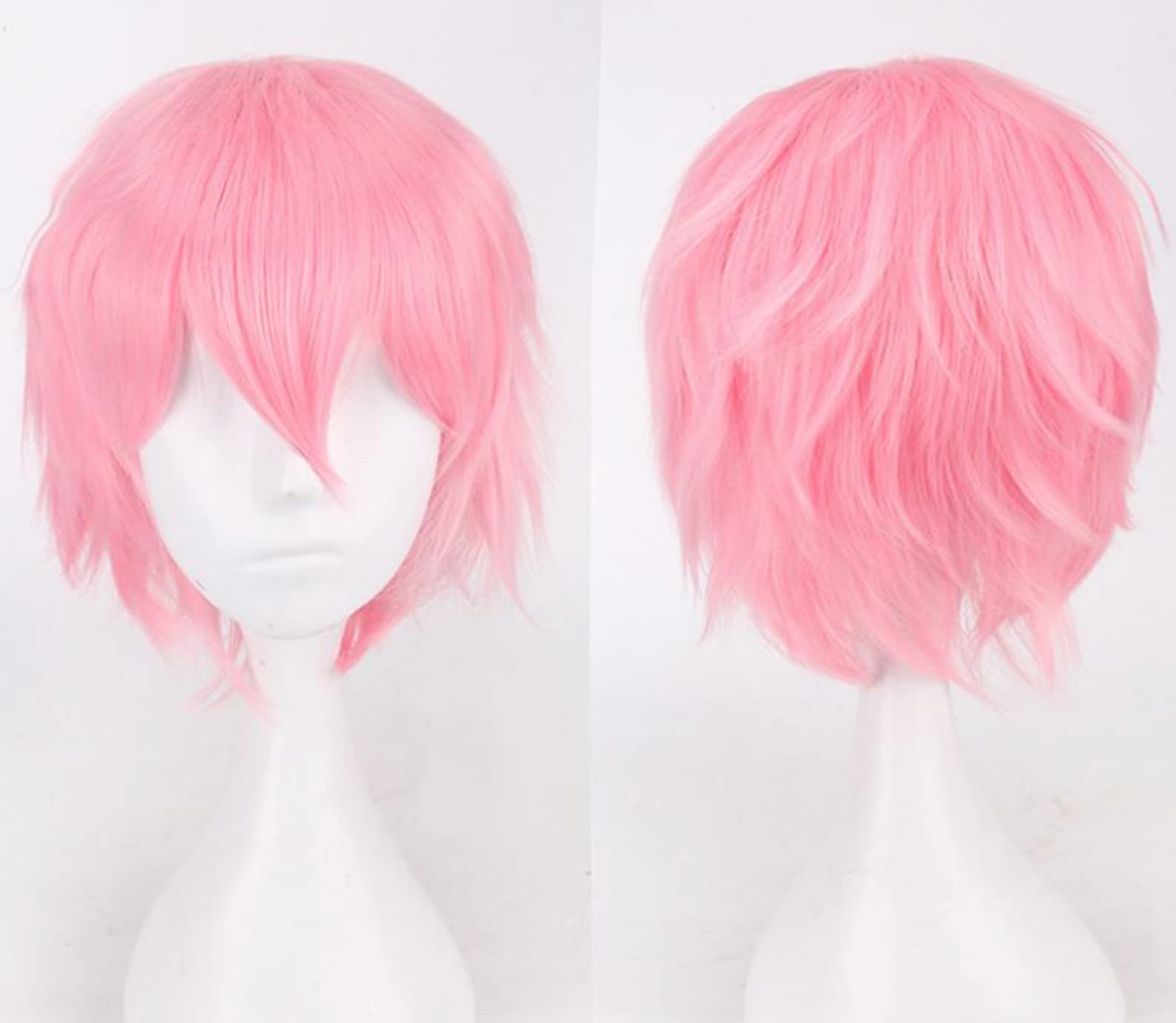Cybelleza Anime Cosplay Wig - Short Pink Synthetic Curly Straight Layered Fluffy Halloween Costume Party Carnival Wig with Free Cap