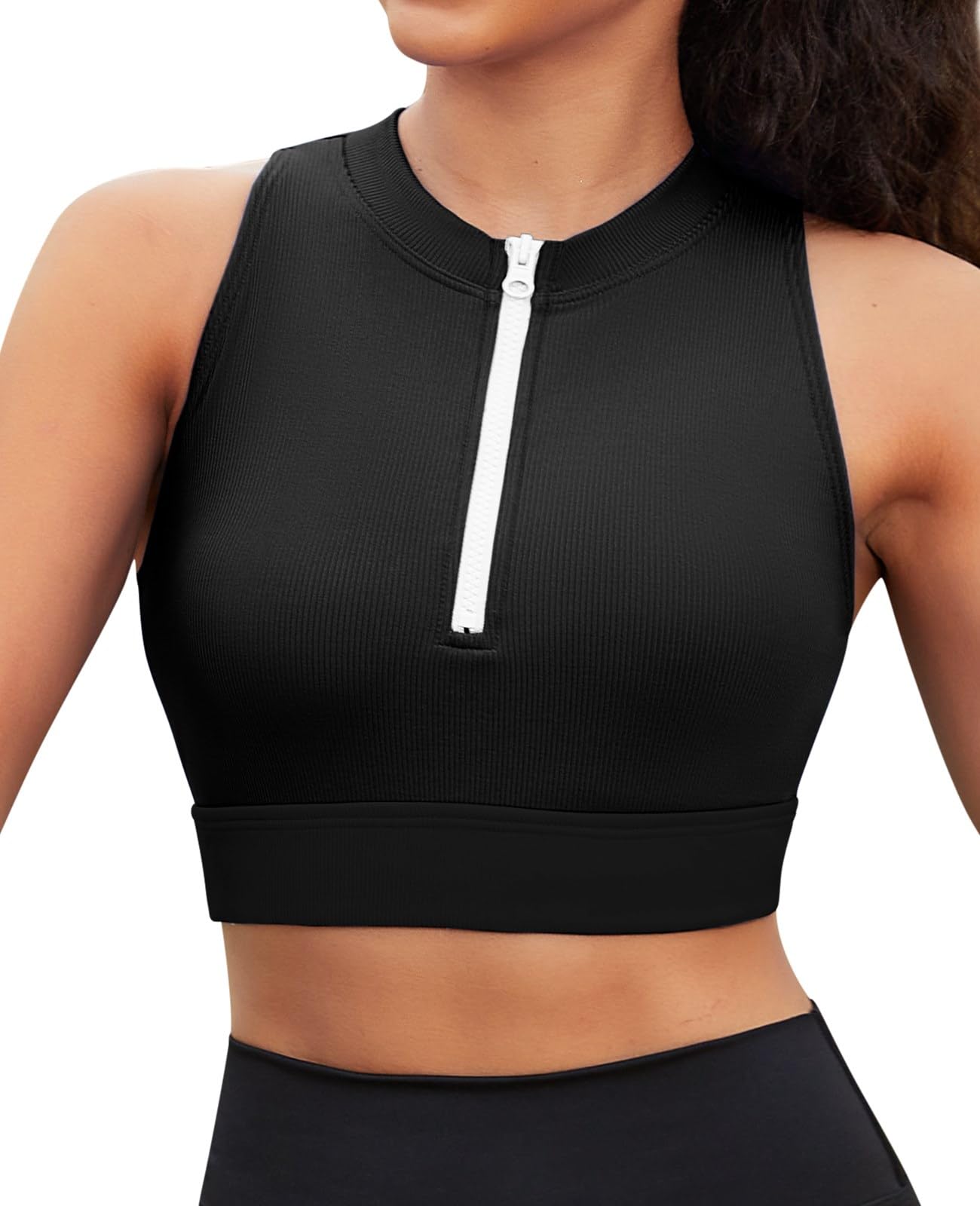 beautyinSleeveless Slim Fitted Crop Tops for Women Front Zip Up Ribbed Racerback Swimwear