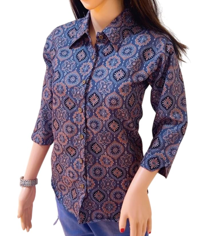 Women's Digital Print Button-Down Shirt, Cotton Blend, Three-Quarter Sleeves, Ajrakh Print-picture-14