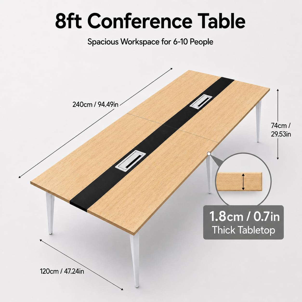 Mesa de Conferencias 8ft para 6-10 Personas, Mesa de Reuniones Grande con Pasacables, Escritorio Grande Rectangular con Estructura de Metal para Oficina y Sala de Ju Natural Wood + Black 240x120x74cm