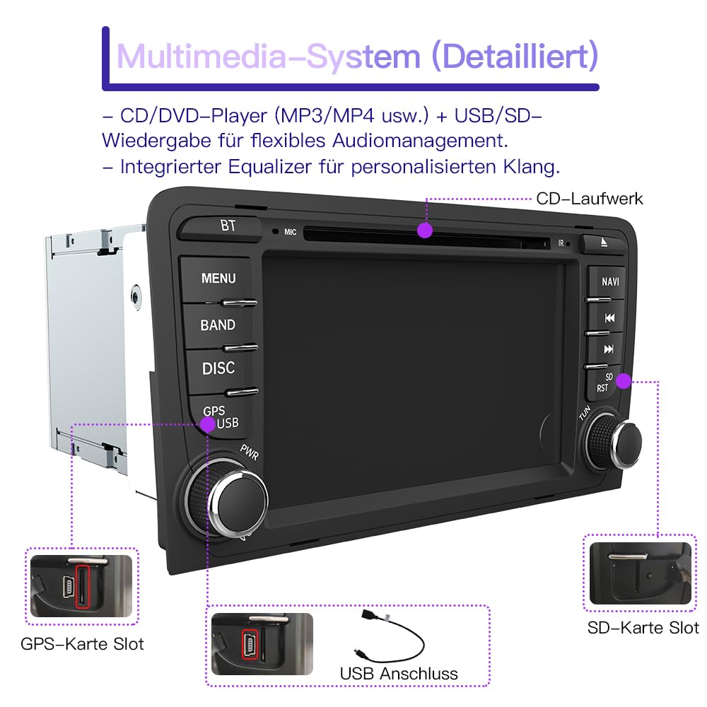 Junsun 2-DIN Autoradio für Audi A3/S3/RS3 2003–2012, 7 Zoll Touchscreen mit CD/DVD-Laufwerk, Lenkradsteuerung, MirrorLink, USB, Bluetooth, FM/AM Radio