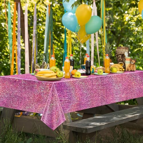 Image of Just Shimmer 4 Pack Pink and Blue Holographic Tablecloths, 2 Pink and 2 Blue, 40 x 108 Iridescent Rectangle Table Covers for Gender Reveal, Baby Shower, Birthday and Mermaid Ocean Party Decorations