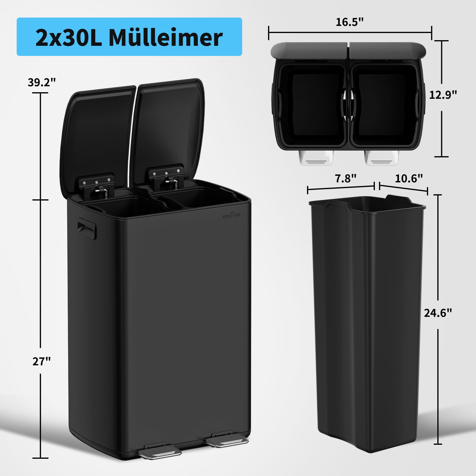 mVm Poubelle à Double Compartiment 2 x 30L,Poubelle Cuisine Tri Sélectif 60L,Poubelle à Pédale,2 Compartiments,Couvercles,Fermeture Douce, Acier Inoxydable,Hermétique,Anti Odeurs,Poignées