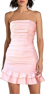 Women's Strapless Ruched Tube Mini Dress Tiered Layer Ruffle Bow Back Dresses Clubwear Party - Buy now