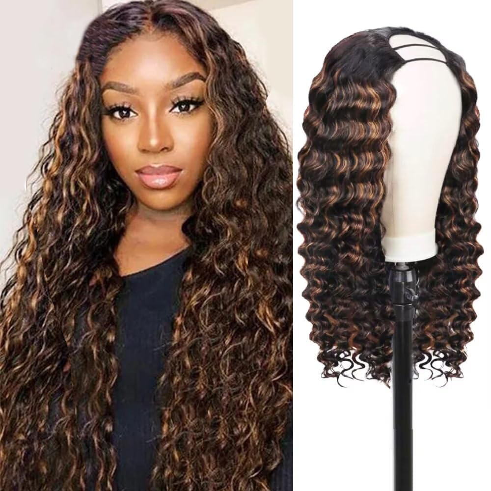 kloiynj U Part Wigs Human Hair for Black Women Highlight Ombre Deep Wave Human Hair 180% Density Brazilian Hair Full Head Clip in Half Wig V Part