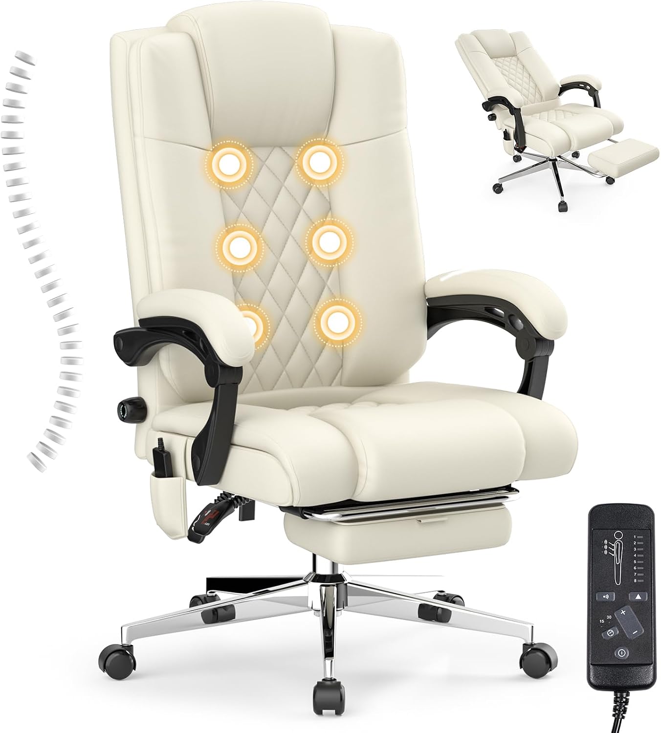 Massage Executive Office Chair with Footrest, Big and Tall Office Chair, Ergonomic High Back Leathaire Computer Chair with Adjustable Lumbar Support & Back Height (White) product image
