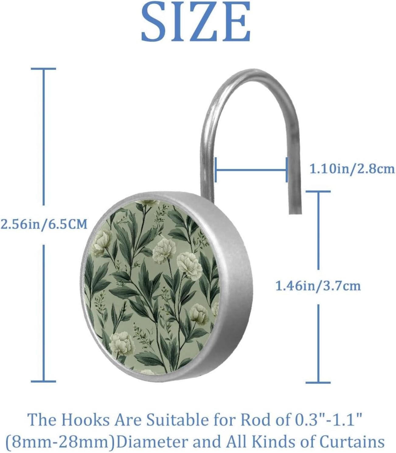 12PCS Sage Green Flowers with Leaves Pattern (5) Shower Curtain Hooks Rings for Bathroom, Decorative Shower Curtain Hooks Rods Curtains and Liner