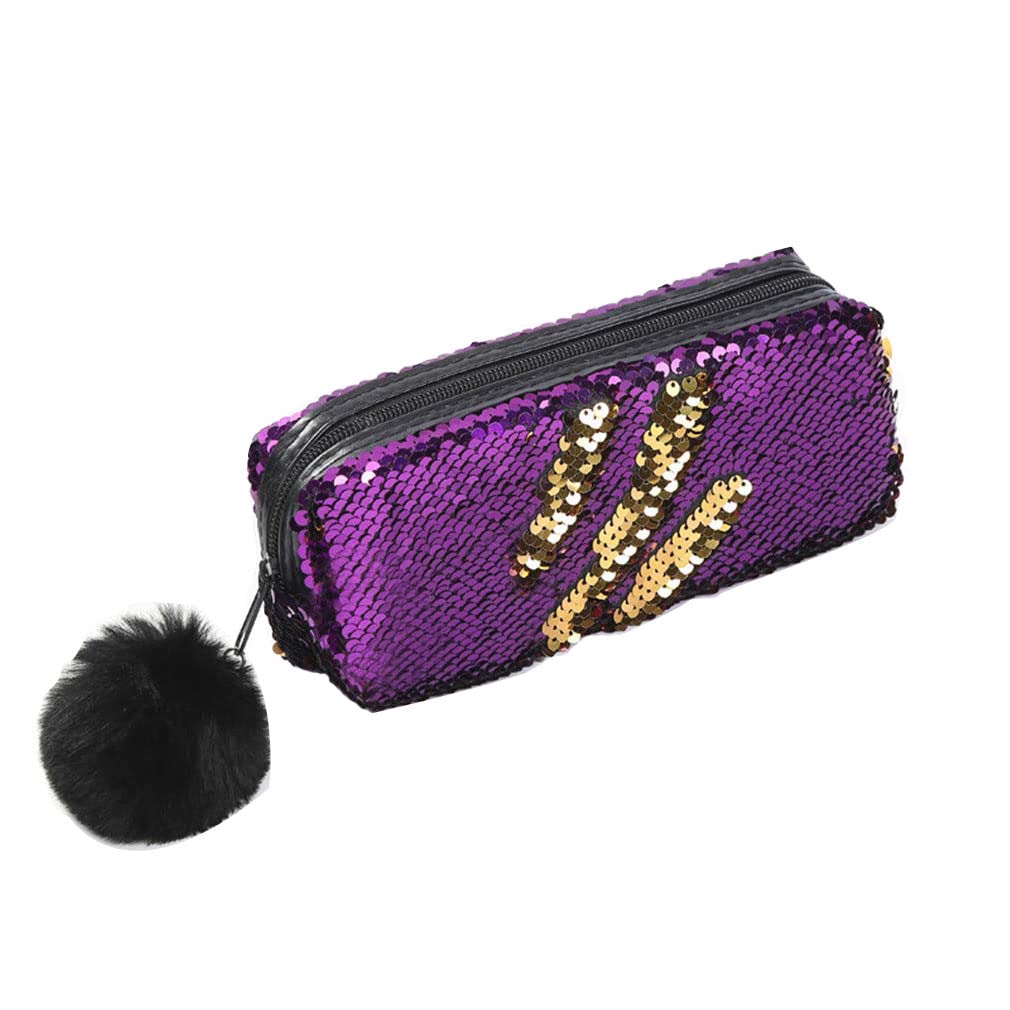 Ulalaza Sequin Pom Pom Pencil Case Large Capacity Cosmetic Pouch Zipper Pen Bag Organizer