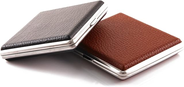 2Pcs Cigarette Case for Roll Ups - Gifts for Men - Cigarettes Holder Leather - Men's Cigarette Cases Holds 20Pcs Cigarettes - Cigarette Tin Cigarette Box Stainless Steel Metal Frame (Black & Brown)