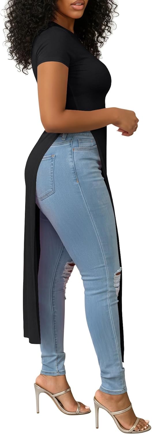 OPOIPIN Women's Crew Neck Split Slit Hem Short Sleeve Slim Fit Tee Top Long Shirt Tunic - Image 4