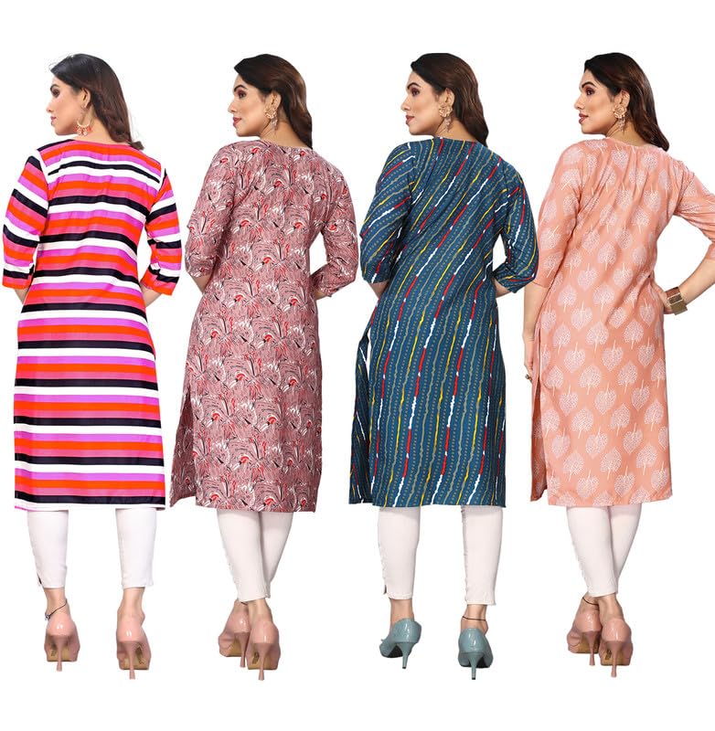 Image of JAKHANA Women's Crepe Printed Casual Straight Calf Length Round Nick Kurta Pack of 4