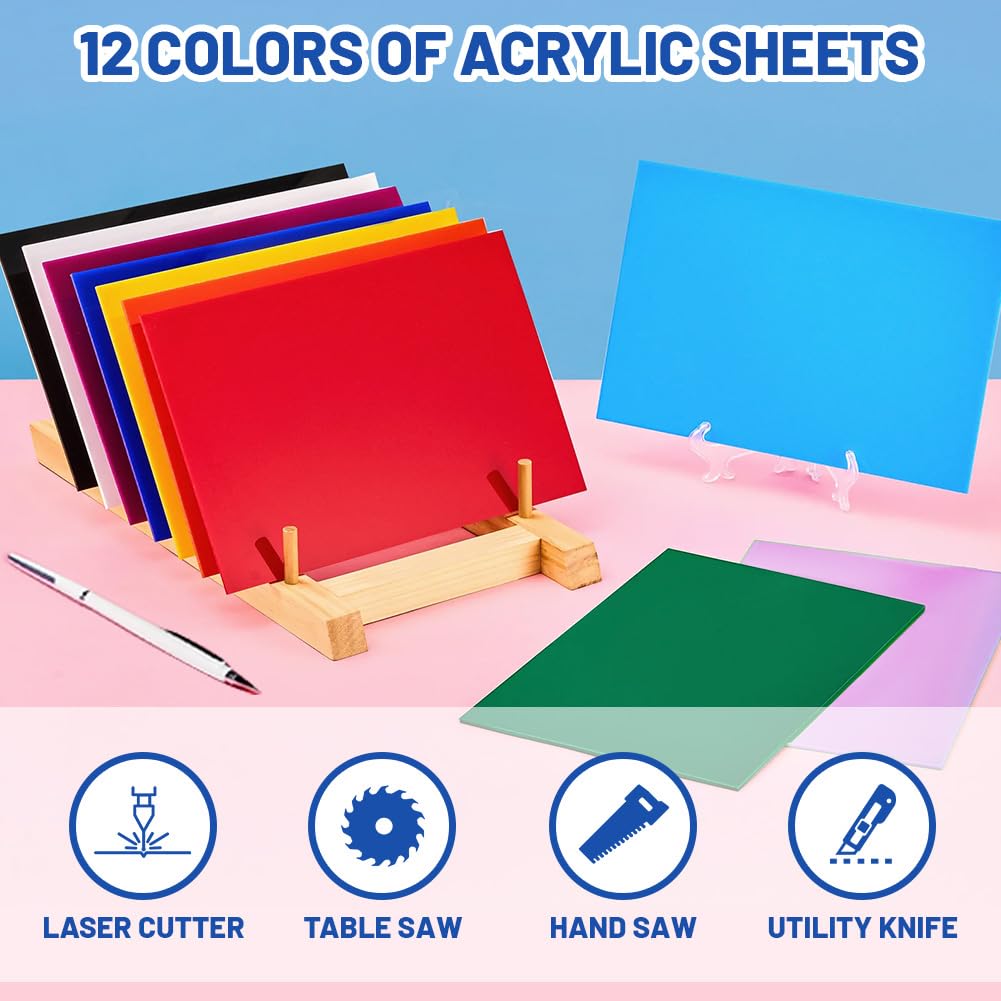 12 Stück Bunte Acrylglas Platten Set, 30x30cm Kunststoffplatte 3mm, Acrylplatte zum Laserschneiden und Gravurmaterialien, Gussplatten Farbig für DIY-Projekte, Gedruckte Schilder, Kunsthandwerk