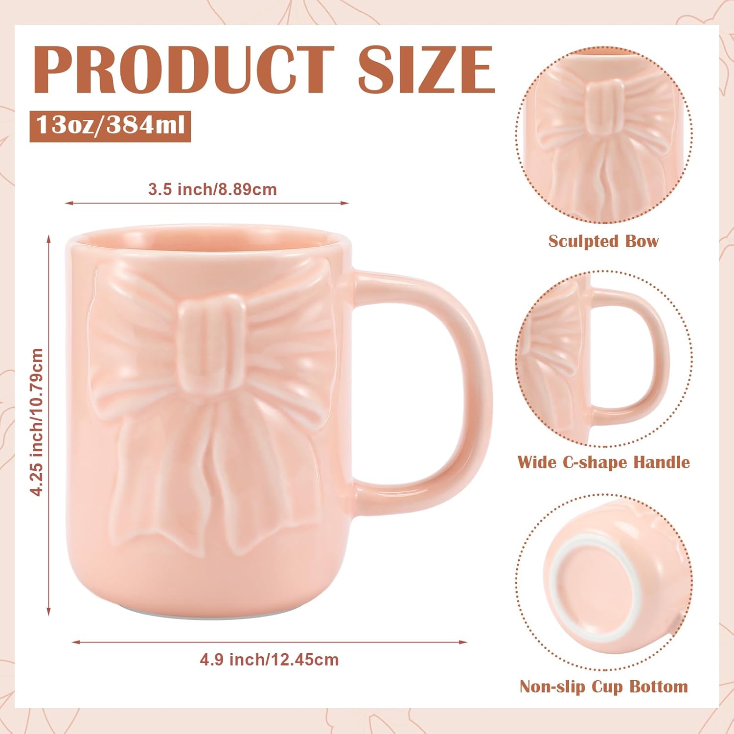 Bow Coffee Mug Coquette Ceramic Bow Mug 13 oz Charming Pink Coquette Cups with Handle Porcelain Coffee Cups for Women Birthday Decor Valentine Christmas Thanksgiving Day Gifts - Image 2