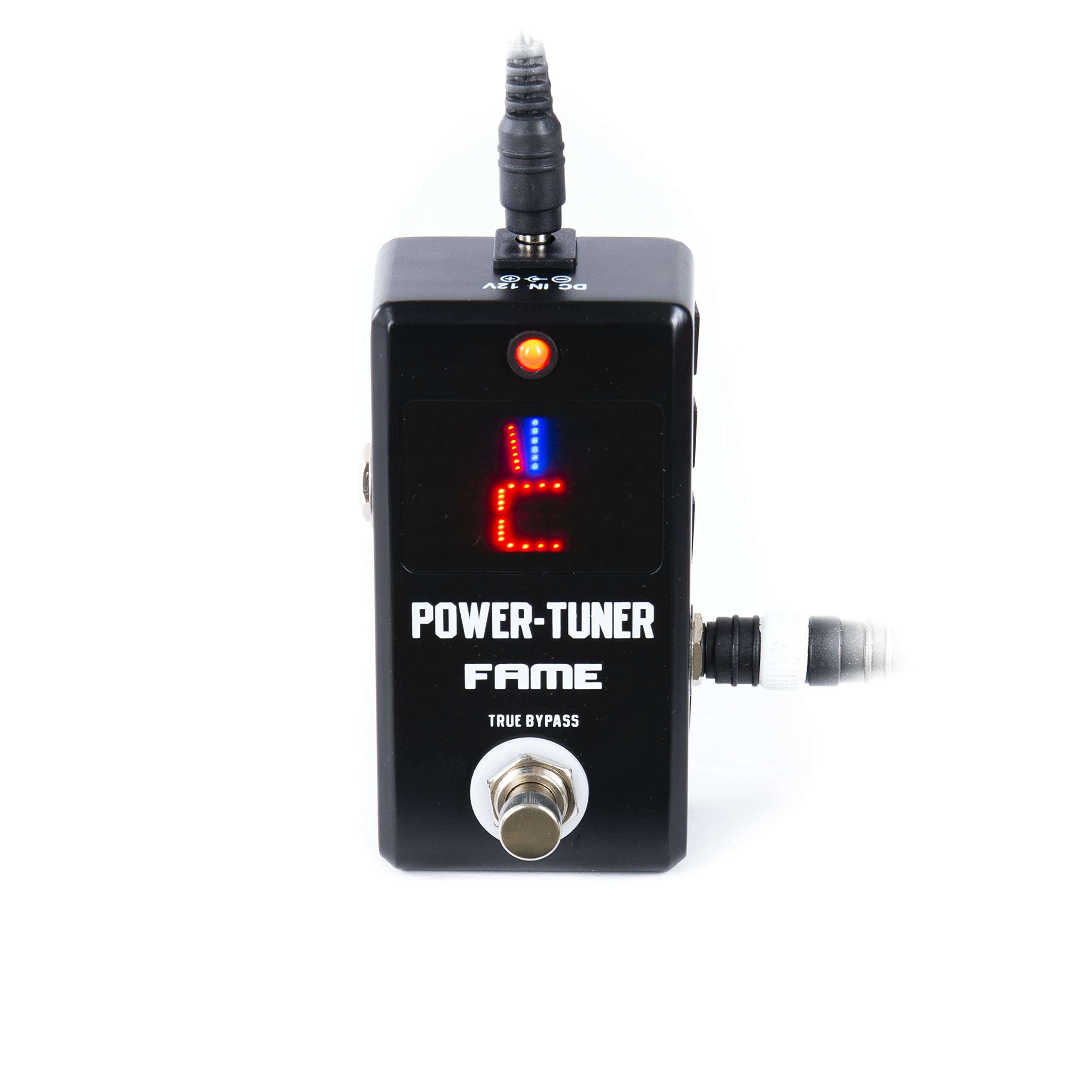 Fame Stimmgerät chromatisch für Gitarre und Bass, Power Tuner und Netzteil kombiniert, ideal für Pedalboard, Frequenz 12 Hz – 4186 Hz