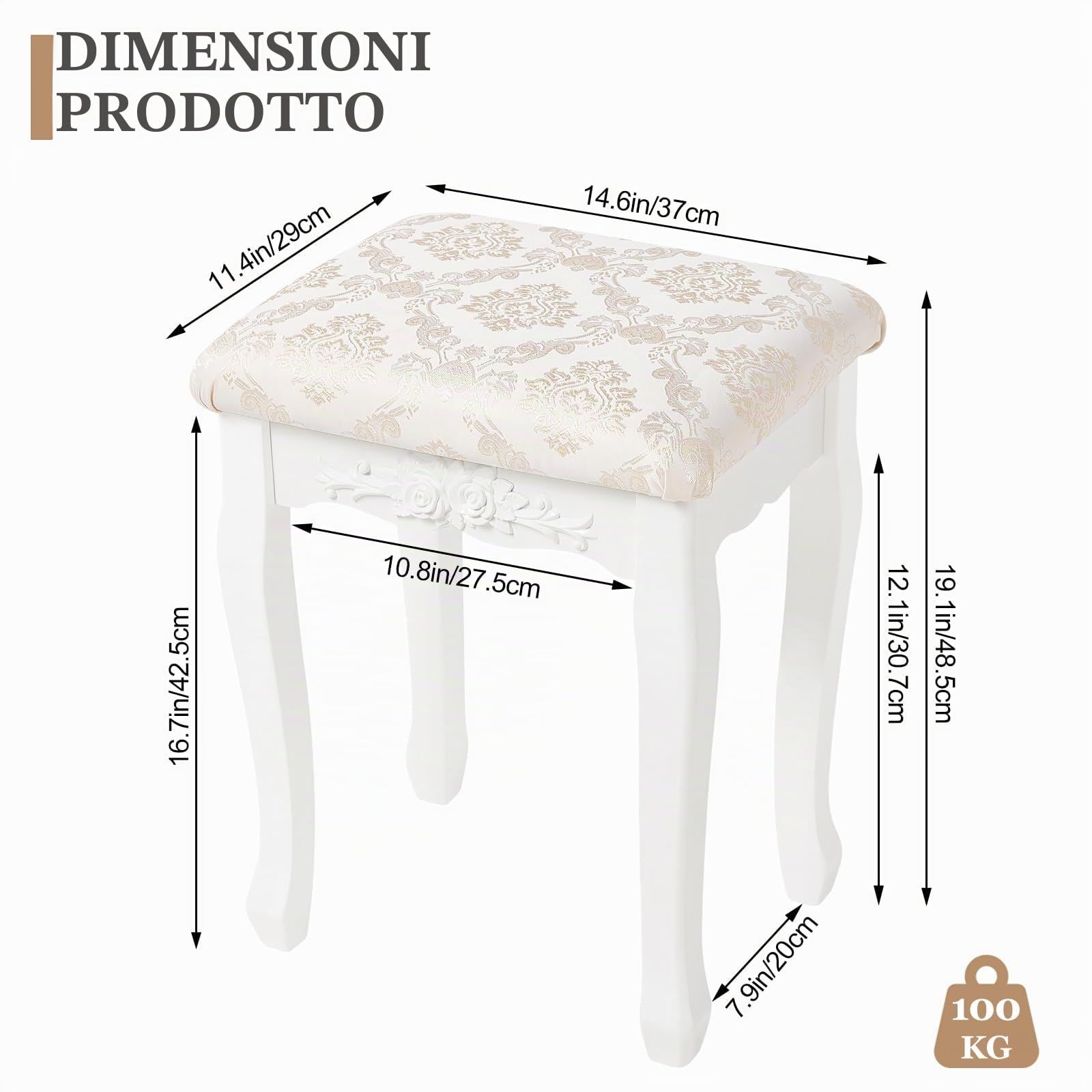 WOLTU Sgabello per Tavolo da Trucco, Toeletta Sedia Imbottita per Camera, Design Barocco, Legno di MDF+ Rovere, Bianco 40x30x50cm, MB6011