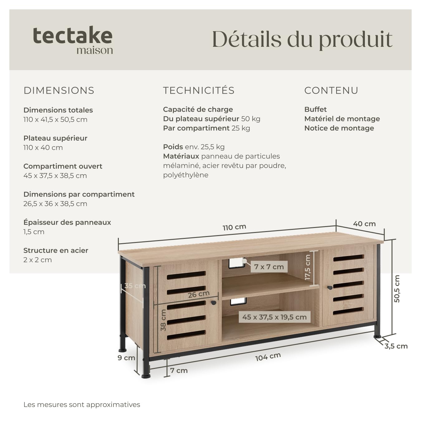tectake® Meuble TV 110 x 41,5 x 50,5 cm, Style Industriel, Bois & Acier | Pieds réglables, 2 compartiments aux portes magnétiques, étagère réglable, capacité 50 kg, Buffet bas, Bois clair industriel