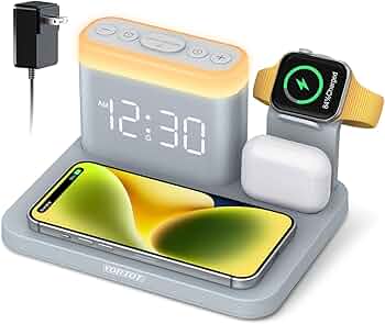 YORTOT Wireless Charging Station with Alarm Clock, 7 Night Lights, 5-in-1 Wireless Charger Dock for iPhone 15/14/13/12/11/Pro/Max/XR/X/8, Samsung Phone, Apple Watch, AirPods (Watch Cable not included)