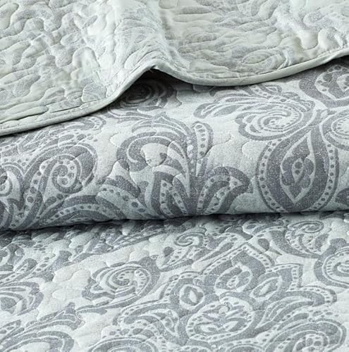 PRIME LINENS Luxury 3 Piece Quilted Printed Bedspread Set Throw Bedding Set Includes Soft Bed Throw Comforter with 2 Pillow Shams Embroidered Machine Wash (Damask Grey, King) - Cosy Home Interiors PRIME LINENS Luxury 3 Piece Quilted Printed Bedspread Set Throw Bedding Set Includes Soft Bed Throw Comforter with 2 Pillow Shams Embroidered Machine Wash (Damask Grey, King) - Image 4