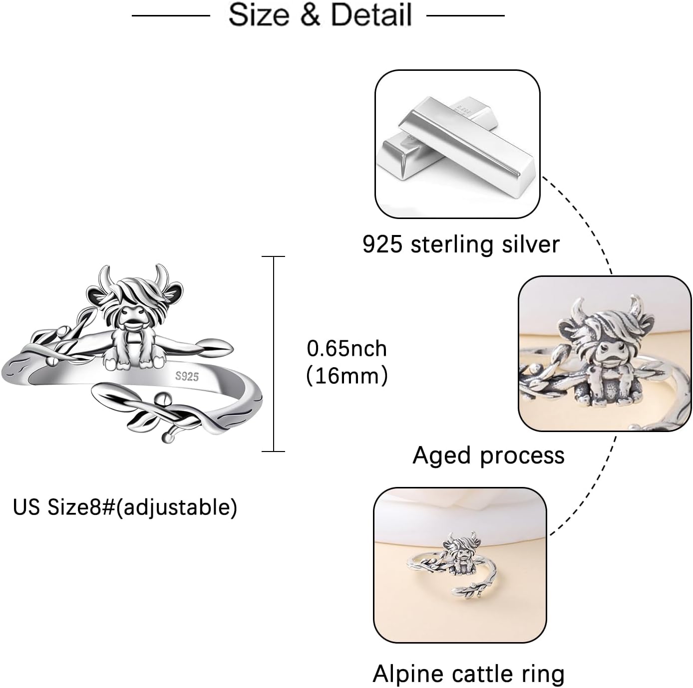 Highland Cow Ring for Women - 925 Sterling Silver Cute Animals Cattle Adjustable Rings Cow Open Ring Jewelry Gifts - Image 5