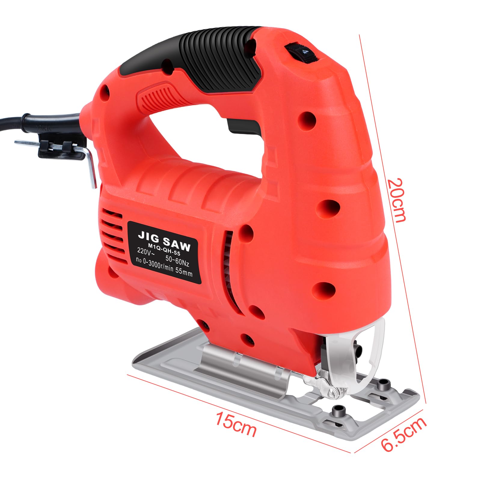 Seghetto alternativo elettrico, 710 W, 2800 SPM, 6 marce, regolabile, con taglio obliquo di ±45°, con righello di guida e 15 lame per legno, metallo e plastica