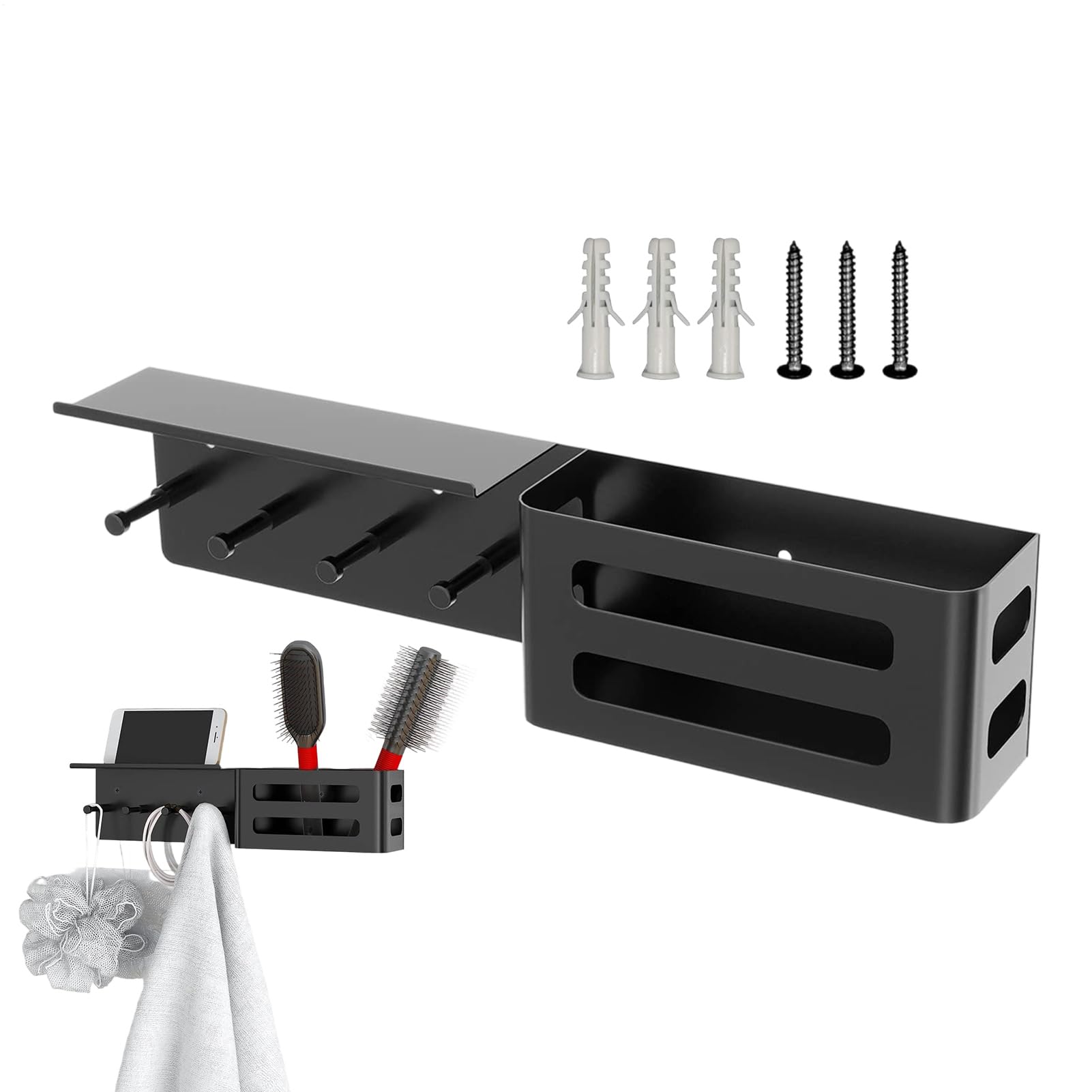 Soporte de pared para llaves de metal negro con balda flotante organizadora de pasillo