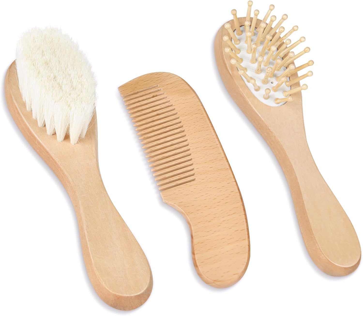 Aolso Baby Hair Brush, 3PCS Baby Hair Brush with Wooden Handle, Eco-Friendly Wood Hairbrush for Scalp Health Prevent Cradle Cap, Perfect Girl Boy Baby Gift Registry