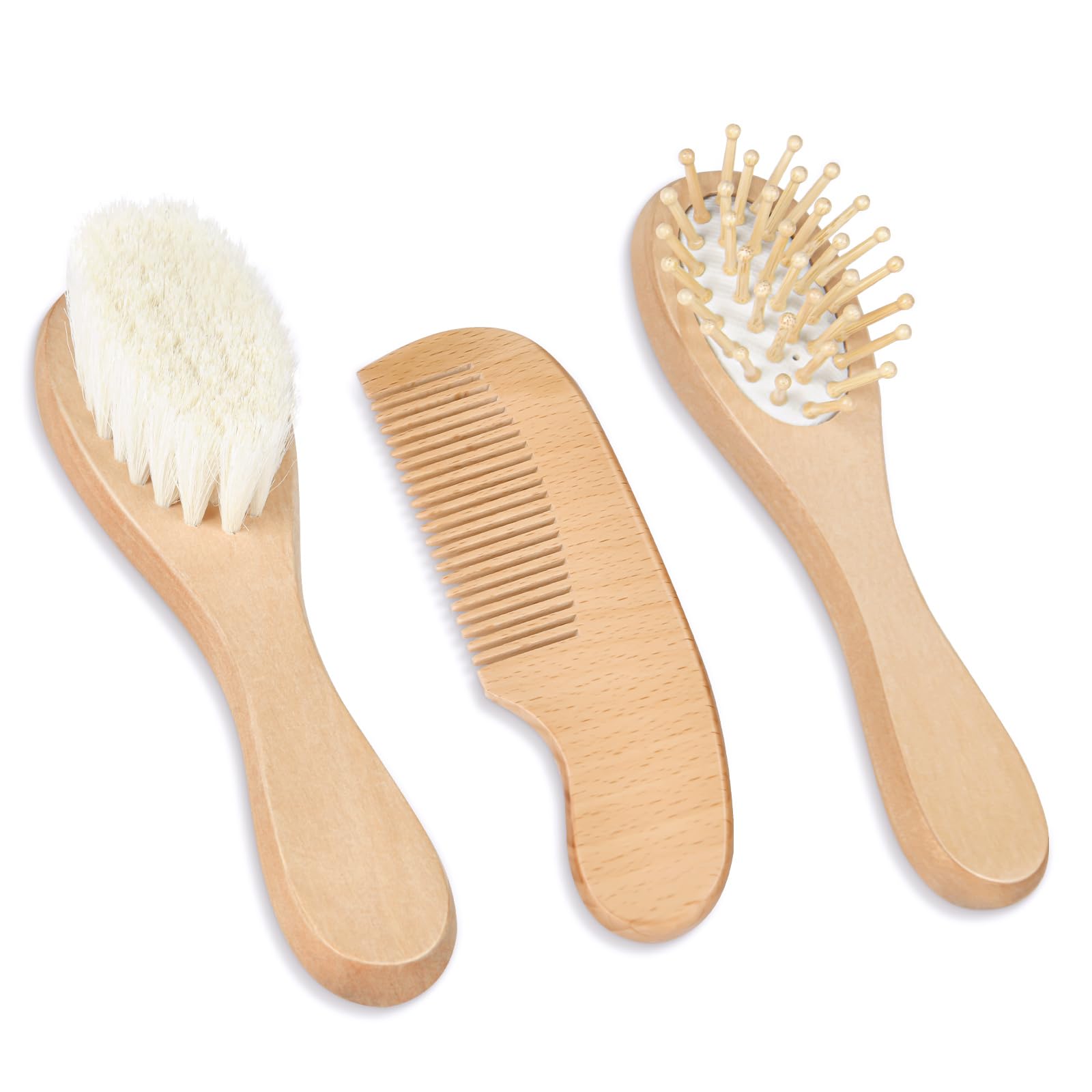 Aolso Brosse Cheveux Bebe Brosse, 3pcs Cheveux Poils de Chèvre doux Premium Brosse à bébé en Bois, Garçons et filles, Brosse cheveux bebe pour enfant et nouveau-né, Baby Shower Cadeau