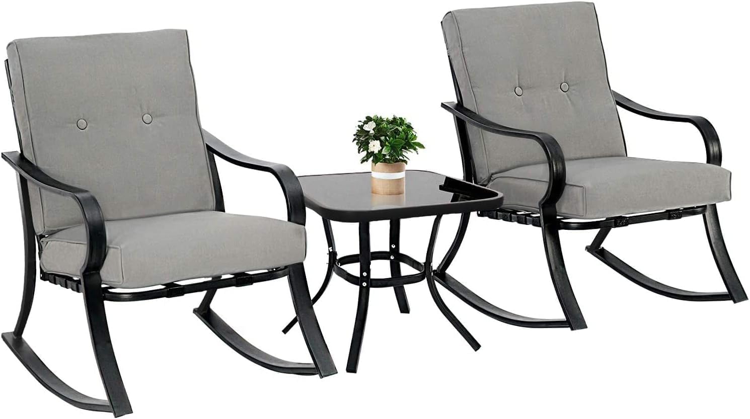 Oakcloud Oakmont Outdoor Furniture 3 Piece Conversation Bistro Set Rocking Chairs and Glass Top Table, Thick Cushions, Black Steel (Grey)