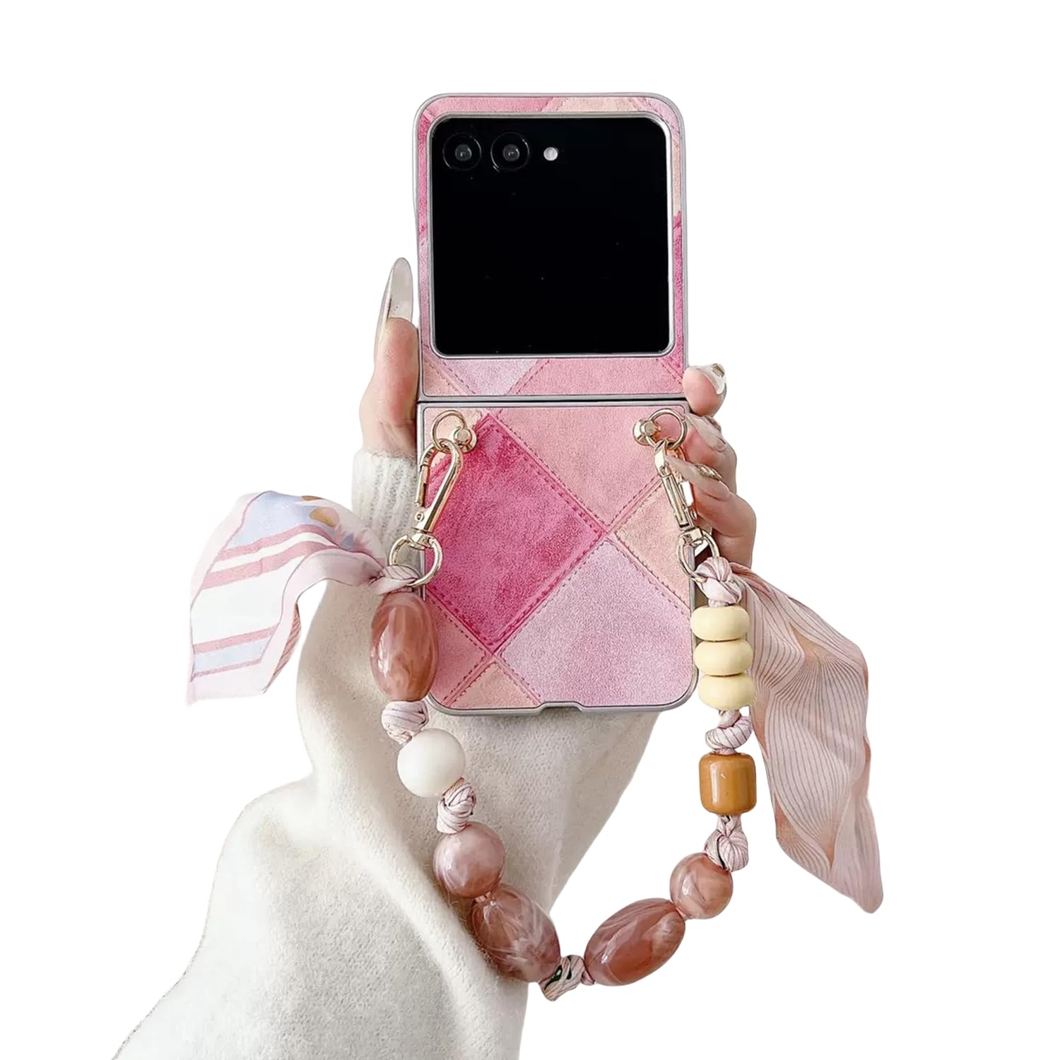 YuetWay for Motorola Razr Plus 2024/2025 case with Hand Strap Chain,PU Leather Shock Absorbing, Fashion Portable Non-Slip Phone Cover for Women (Pink,