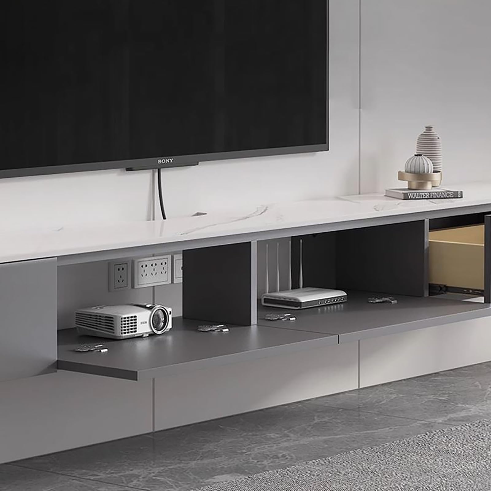 Mobile TV Sospeso In Legno, Console Multimediale A Parete Con Ante A Ribalta E Cassetti, Mobile Porta TV Per Lettore DVD, Decoder, Console Per Videogiochi(Gray,120x24x20cm)
