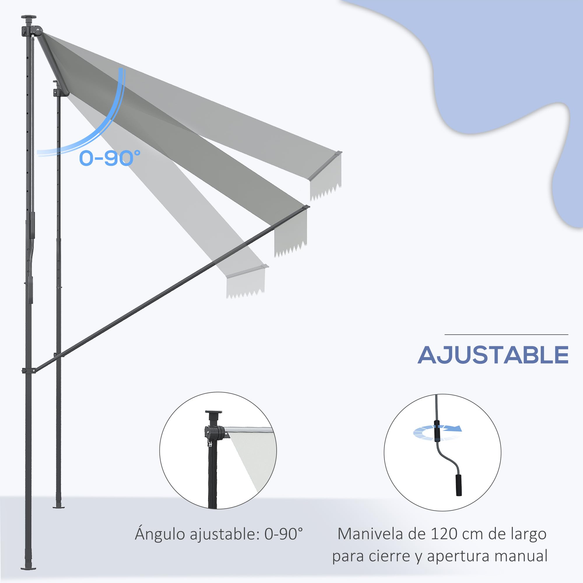Outsunny Toldo Manual Retráctil Toldo para Balcón con Altura Ajustable Manivela y Protección Solar para Terraza Jardín Gris