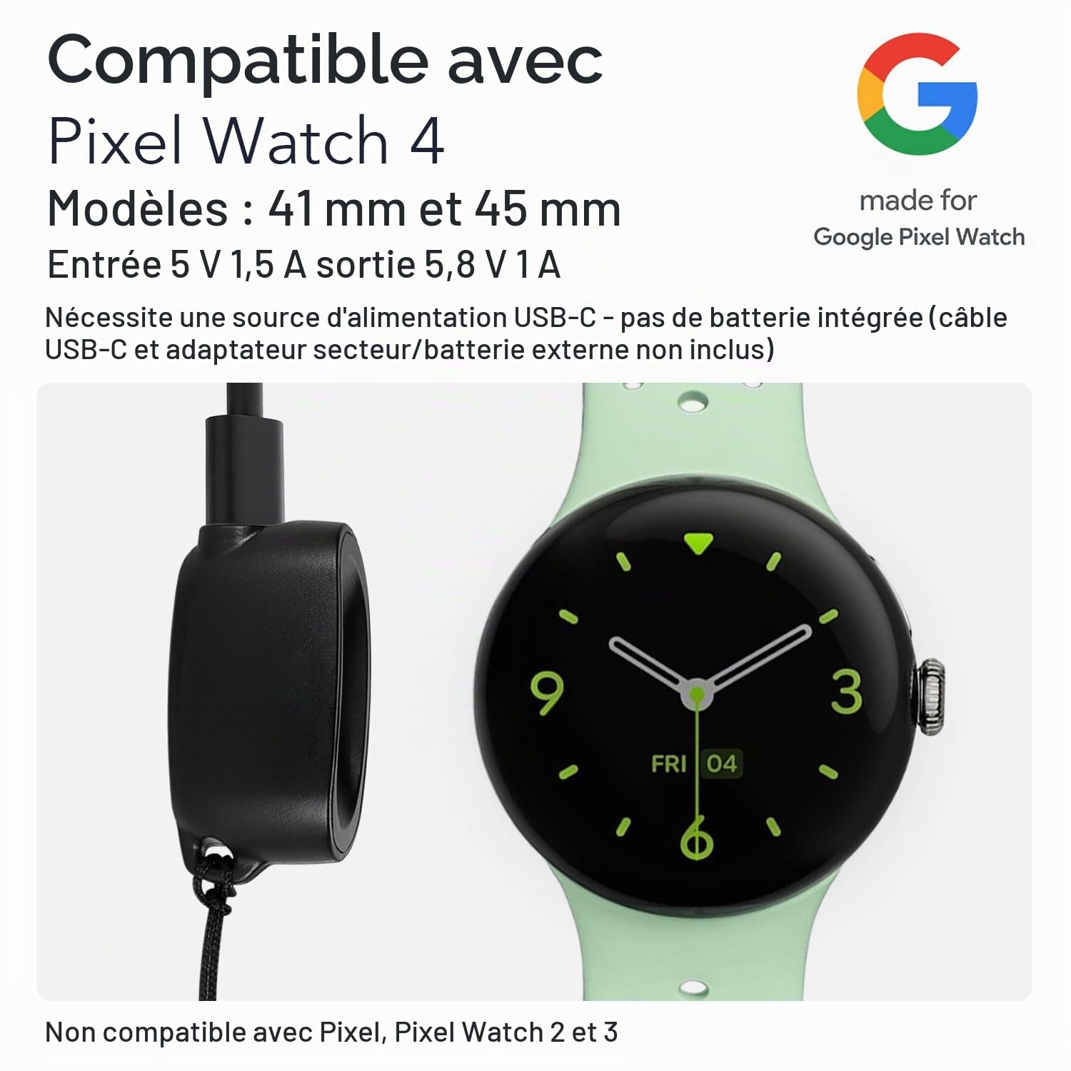 Wasserstein Chargeur on-The-Go Compatible avec Google Pixel Watch 4 (41 mm et 45 mm) – Station de Charge Portable – Fabriqué pour Google – Non Compatible avec Pixel Watch, 2 et 3