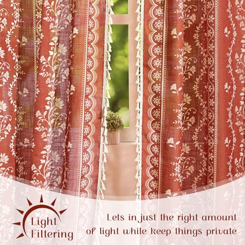 Image of Yinhua Boho Curtains for Living Room 63 Inch Length Vintage Linen Terracotta Curtains Light Filtering Floral Window Curtain Rod Pocket & Back Tabs Farmhouse Tassel Burnt Orange Drapes with Tiebacks