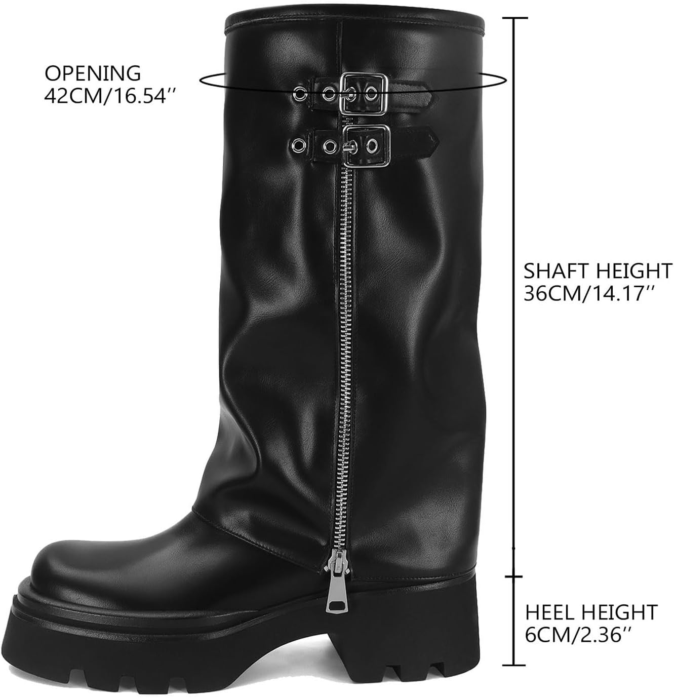 MICIFA Women's Fold Over Boots Platform Slouchy Wide Calf Boots for Women Chunky Heel Ruched Round Toe Riding Mid Calf Booties - Image 2