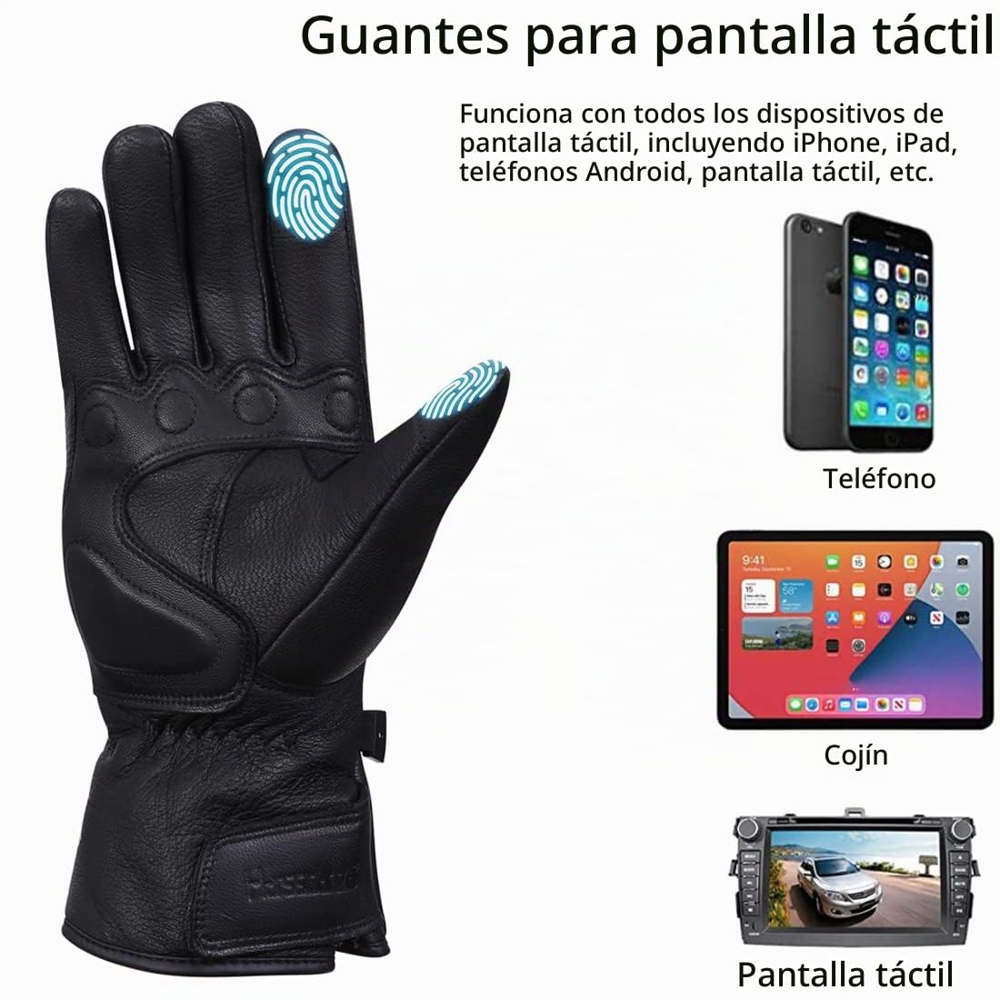 Harssidanzar Guantes de Moto Hombre, Cuero Genuino Masculino Pantalla táctil de Dedo Completo Forro Aislante de Calor Delgado Impermeable Guantes de Motocicleta KM048EU1