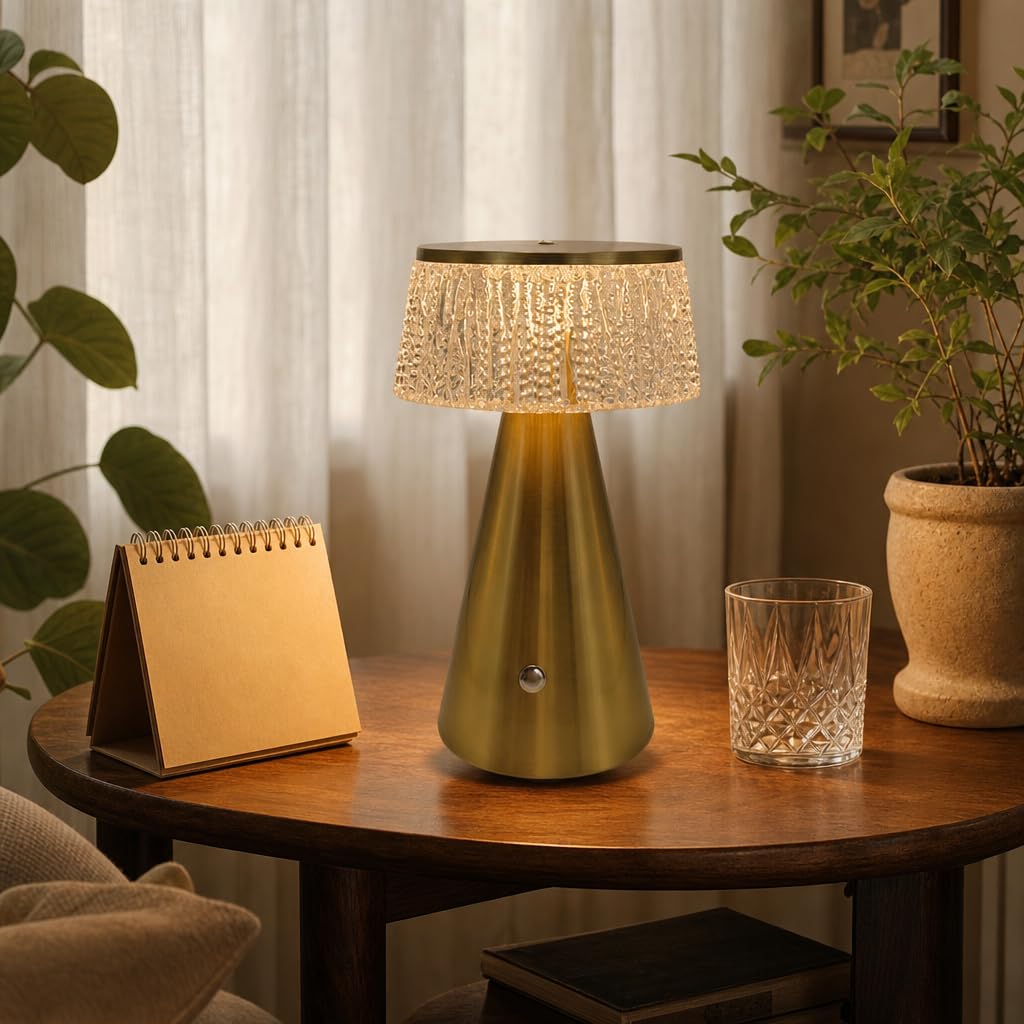 LED Pilzlampe Akku Tischlampe Kabellos Gold Tischleuchte | Dimmbar Touch USB Aufladbar Pilz Lampe Nachttischlampe Ohne Kabel 3000K-6000K Tragbare Nachtlicht Acryl Lampenschirm