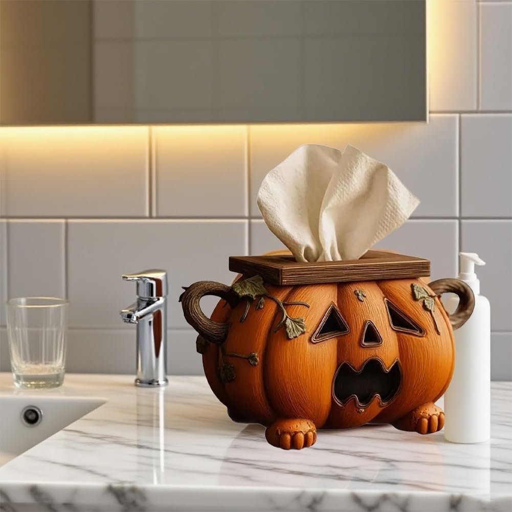 Uchwyt na pudełko na chusteczki z dynią na Halloween, rzeźbiony organizer na papier do twarzy, upiorny dozownik chusteczek do domu, łazienki, kuchni, dekoracji biura (3 szt.)