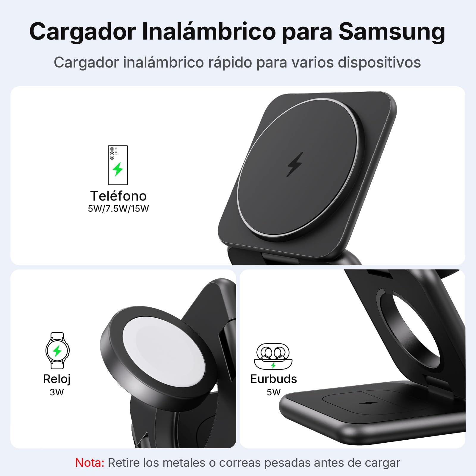 KU XIU 3 en 1 Magnética Cargador Inalámbrico para Samsung | Estación de Carga Plegable para Galaxy S26 S25 Ultra, Base de Carga para Galaxy Watch Ultra/7/6/5/4,para Galaxy Buds