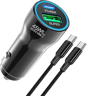 75 W Cigarette Lighter USB C PD&QC3.0 12 V Car Adapter Car Mobile Phone Charger with 2M Type C Charging Cable for Samsung Galaxy S25 S24 S23 S22 S21 A14 A15 A16 A36 A54 A55 A56 5G, iPhone 16/15/14/13