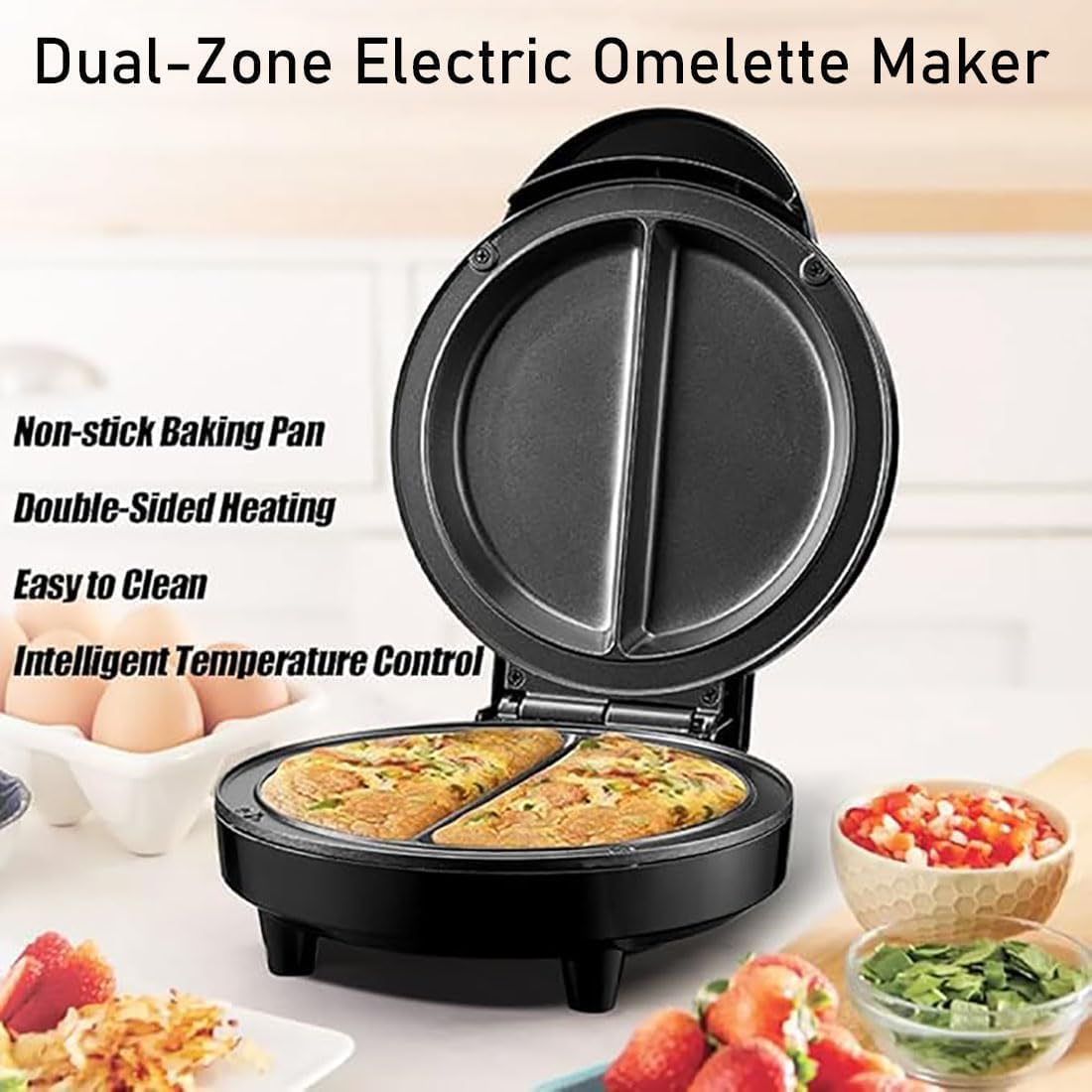 Dual-Zone Electric Omelette Maker, Non-Stick Omelet Frittata Snack Pocket Maker for 2 Individual 6.3" Omelets, Anti-Silp Base Anti-Scald Handle Quick & Easy (1)