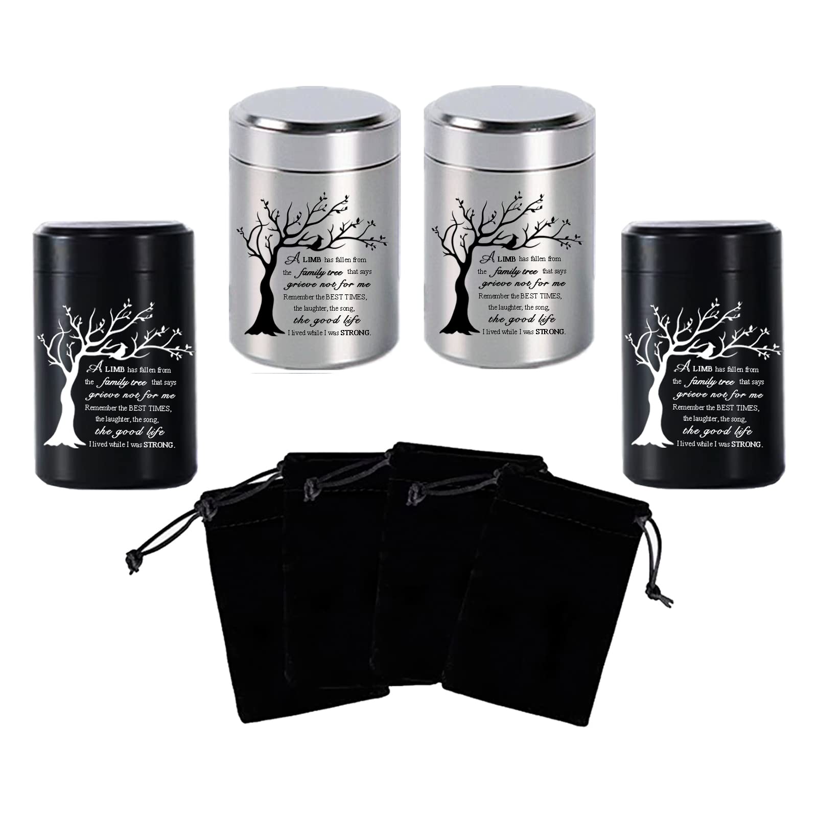2.7 inch Small Urns for Ashes - Set of 4, Aluminium Mini Urns, Cremation Urns for Human Ashes, Ashes Holder, Small Keepsake urns-A Limb has Fallen from The Family Tree, Black and Silver