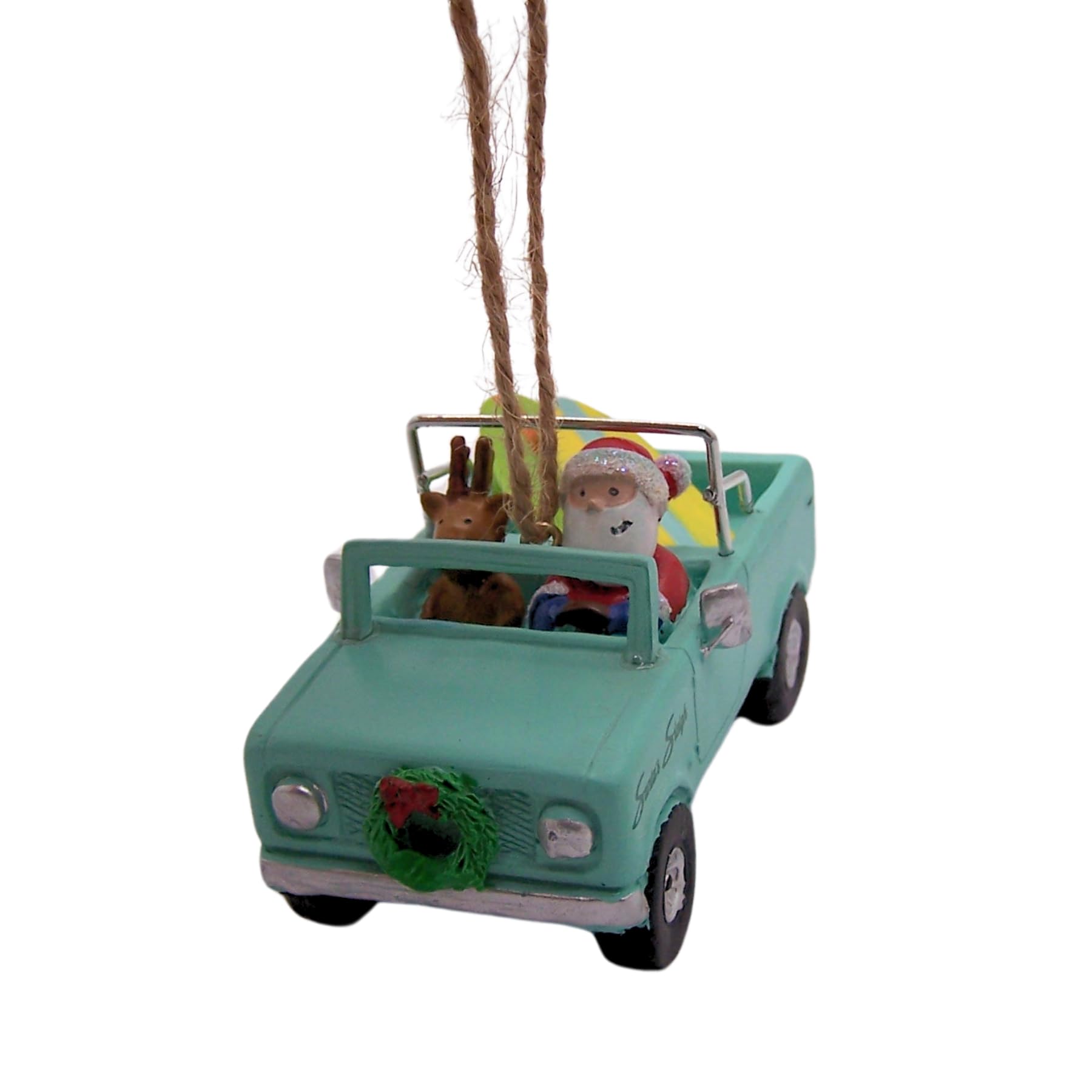 Resin Santa and Reindeer in Scout Car with Surfboards Christmas Tree Ornament, Hanging Festive Ornament, Festive Decor, 2 Inches