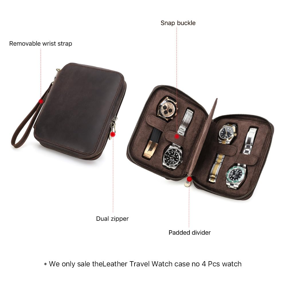 CONTACTS Étui de rangement fin en cuir véritable avec fermeture éclair et sangles de fixation pour montres - Café - 4 emplacements