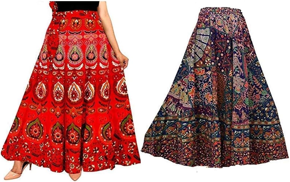 Women's Combo Jaipuri Sanganeri Print, Rajasthani Jaipuri Women Long Mandala Hand Block Fashion Skirt