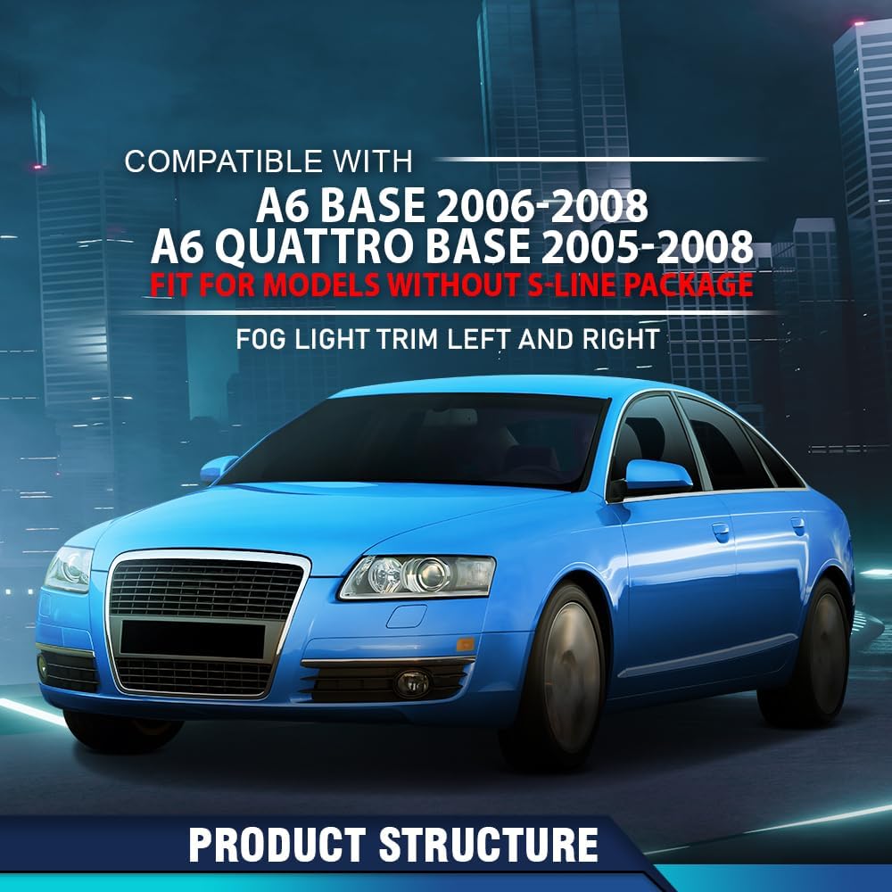 PIT66 Fog Light Cover Trim Left and Right Compatible with Audi A6 Base 2006-2008 / A6 Quattro Base 2005-2008, Fit For Models Without S-Line Package 4F0807682A01C, AU1039104 Black