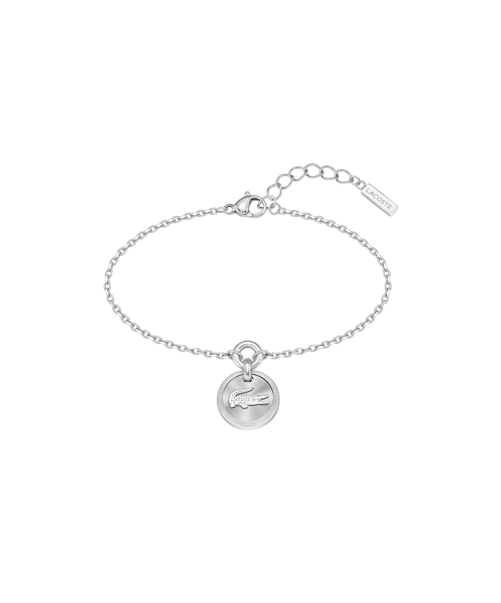 Lacoste Jewelry für Damen Kollektion MEMENTO Halskette, Armband oder Ohrstecker aus Edelstahl mit Krokodilgraviertem Anhänger